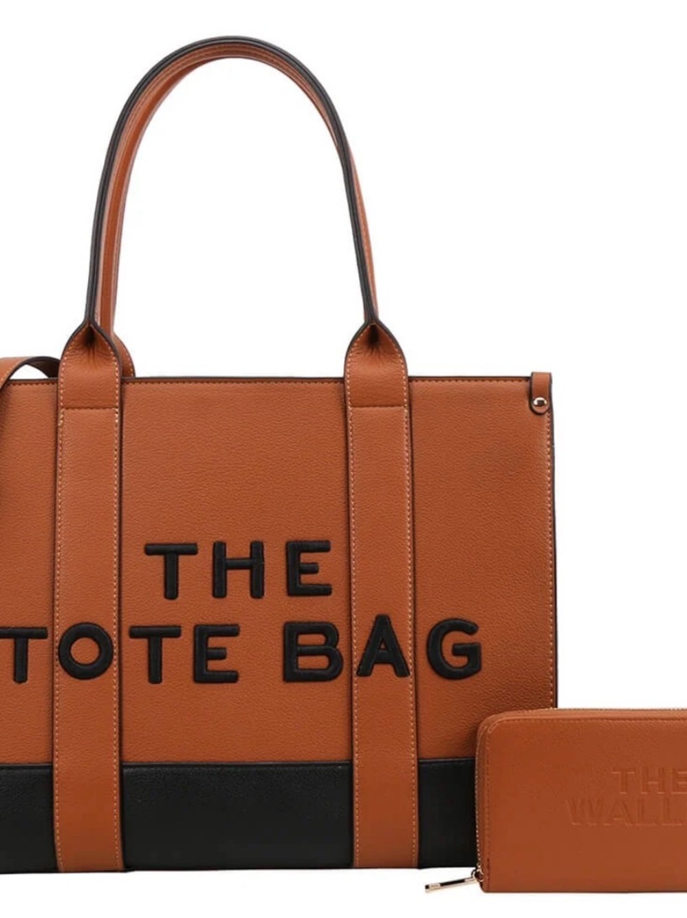 Brown Leatherette Tote Bag with Black Trim and Matching Wallet